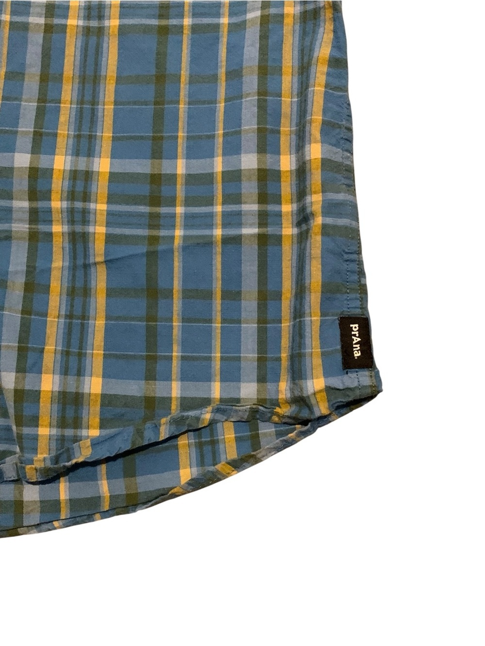 PrAna Organic Cotton Plaid Button Up Shirt Large Blue Green Hiking Outdoor Camp - Picture 3 of 8
